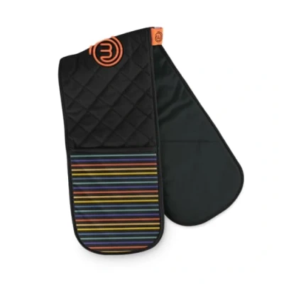 Image of MasterChef Oven Gloves Heat Resistant, Double Made from Cotton with Official Show Logo &amp; Hanging Loop, Attached Mitts, Machine Washable, Proof Pot Holders for the Kitchen, Vivid
