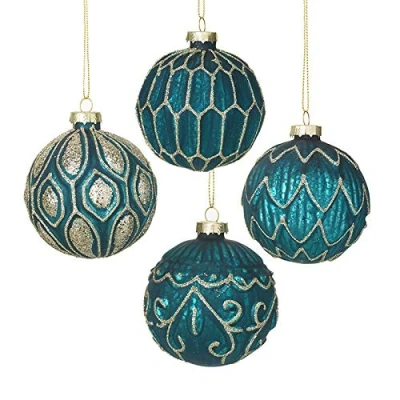 Image of Heaven Sends Turquoise &amp; Gold Glass Bauble Christmas Tree Decorations Set of 4
