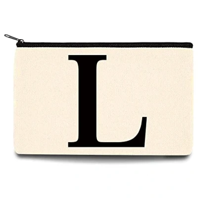 Image of 26 Letter Printed Zip Canvas Pouch Makeup Bag Make Up Bag, Cosmetic Travel Bag,Toiletry Bag,Organizer Bags,Toiletry Bags, Bride Bridesmaid Bag,Pencil Bag,Wash Bag,Coin Purse (Black L)