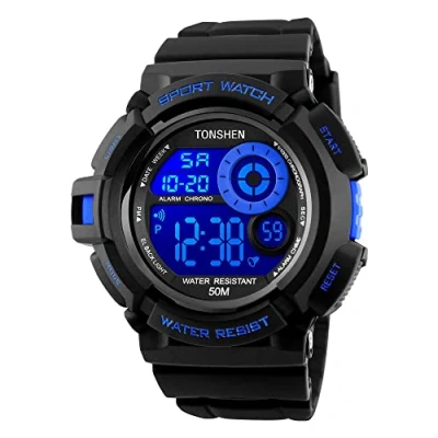 Image of TONSHEN Mens Large Face Plastic Sport Watch with Rubber Band Multicolour LED Back Light Outdoor Military 50M Waterproof Multifunction Stopwatch Electronic Digital Wirst Watches (Blue)
