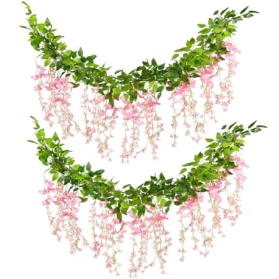 Image of Tuocal 4x6FT Artificial Wisteria Vine Flowers, Fake Garland Hanging Silk Ivy Plants for Wedding Party Home Decoration, Pink