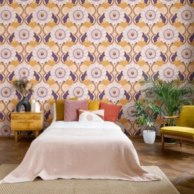 Image of A.S. Création Retro 70&#039;s Floral Trail Wallpaper Beige/Yellow/Purple/Cream/Lilac Chic 395303 8.50m x 0.53m Paste The Wall