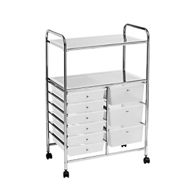 Image of PRIME FURNISHING Trolley 2 Shelf 9 White Plastic Drawers Wheels Home Office Storage