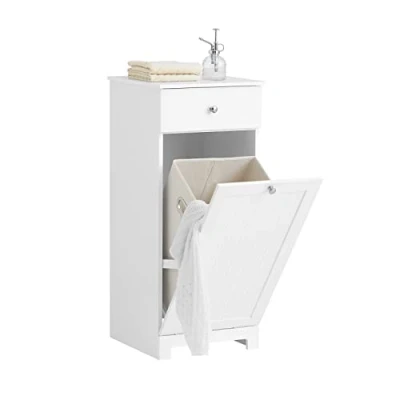 Image of SoBuy BZR21 W, Bathroom Laundry Basket Cabinet Storage with Drawer, 40x38x90cm, White