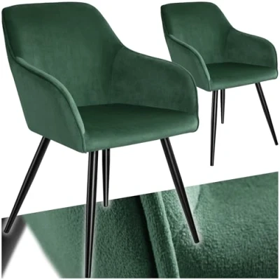Image of TecTake® Set of 2 Dining Chairs in Velvet Look with Steel Legs, Thickly Padded Armchairs, Ergonomic Design &amp; Easy Assembly Ideal as Dining, Living Room, Bedroom Desk Dark Green/Black