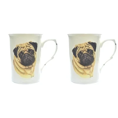 Image of (BB) Hand Decorated Set of 2 Bone China BEAKERS/Mugs Cream Pugs Dog Presentation Gift Boxed Lovely Gift, Kirsty Jayne China,