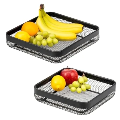 Image of eluno Fruit Basket, Bread Set of 2, Modern Square Bowls, Wire Baskets in Two Sizes, Ideal for Fruit, Vegetables, and Snacks the Kitchen Living Room, Made Black Metal