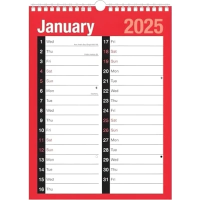 Image of 2025 Calendar 2 Column A3 Size 1 Month to View Easy Twin Wire Binding Spiral Bound Canender for Home Business Office School Run