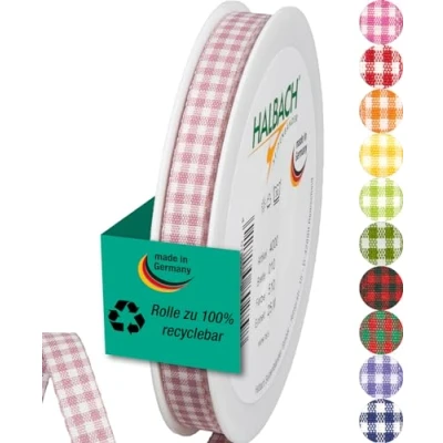 Image of Halbach Seidenbänder Premium Vichy Checked Gift Ribbon (Pale Berry) Width 10 mm Length 25 m Made in Germany Many Colours