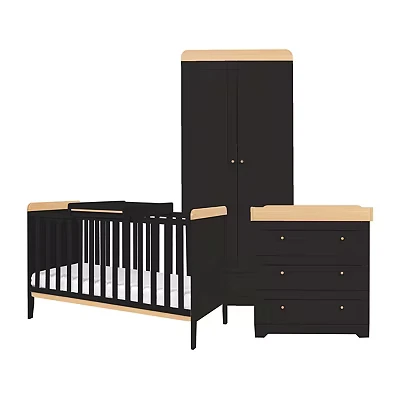 Image of Tutti Bambini Rio 3 Piece Nursery Furniture Set 2 in 1 Baby Cot Bed, Changing Table with Drawers + Wardrobe for Storage, Nursery, Storage (Oak &amp; Slate Grey)