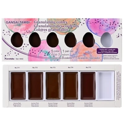 Image of Kuretake Gansai Tambi GRANULATING Colors, 5 Color set, Watercolor Paint Ideal for Calligraphy, Illustrations, Brush Lettering, Fineart and more, Black Sumi Ink color, Made in Japan, MC20GN/5V