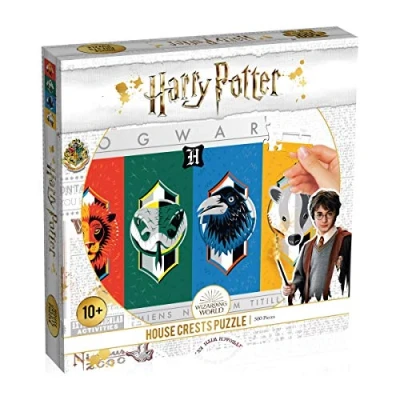 Image of Winning Moves Harry Potter House Crests 500 piece Jigsaw Puzzle Game, together the four houses of Hogwarts fromGryffindor to Slytherin, gift and toy for ages 10 plus