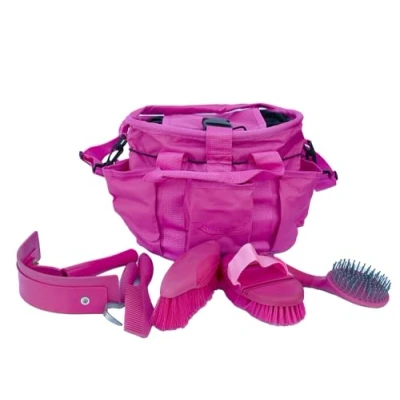 Image of Rhinegold PINK Grooming Bag with KIT, 7 Pieces Equestrian Gift Set that Includes All Types of Horse Hair Brush, Curry Comb, and Hoof Pick a Multipurpose