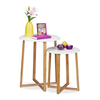 Image of Relaxdays Side Table, Set of 2,Round Coffee Tables, 48.5 &amp; 60.5 cm Tall, Modern Design, Living Room, Natural/White