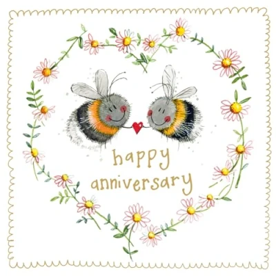 Image of Alex Clark Happy Anniversary Foil Card Bee and Floral Heart Bees Nature Plants Greeting Cards To Celebrate Designed Printed in the UK…