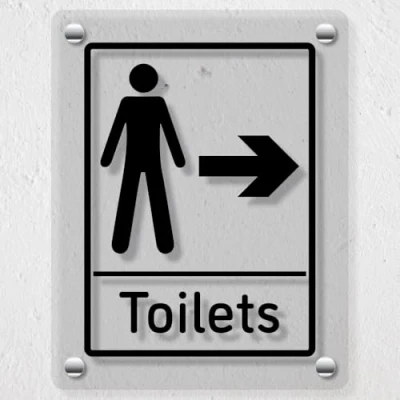 Image of V Safety Mens Toilets Arrow Right 150 x 200 mm Acrylic Perspex Cast Clear Sign