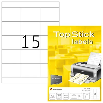 Image of TopStick Self Adhesive Multipurpose Labels, 15 Labels per A4 Sheet, 100 Sheets, 70 x 50.8 mm, 1500 Blank Universal Stickers, Sticky for Laser &amp; Inkjet Printer, White