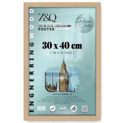 Image of Z&amp;Q Wall Mounted Poster Picture Frame Beech 40 x 30 cm Display Painting Photo Print With HD Clear Perspex Both Ways Hanging Hooks MDF Wood 30x15mm Moulding