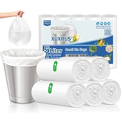 Image of XUXRUS 5 Liter Small Trash Bin Bags Pedal Liners Garbage Wastebasket for Bathroom Kitchen,Office120 Count,White (Fits 6 7 8L Bins)