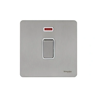 Image of Schneider Electric Ultimate Screwless Flat Plate Light Switch, with Neon Indicator, Double Pole, 20AX, GU2411WSS, Stainless Steel White Insert
