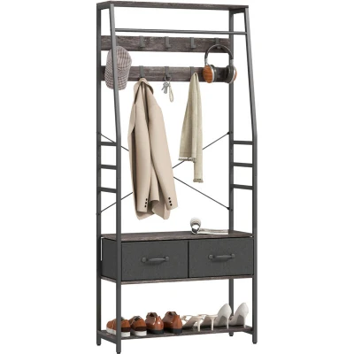 Image of HOMCOM Coat Rack with Shoe Storage, Bench and 10 Hooks, Grey