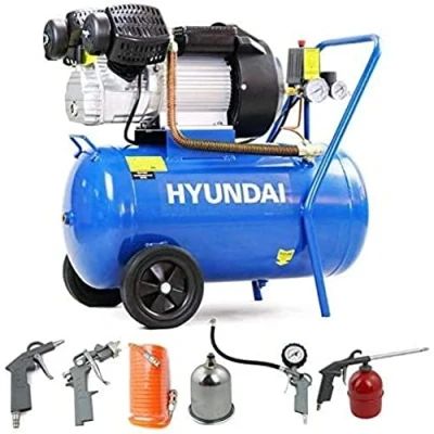 Image of Hyundai 50 Litre Portable Air Compressor, 2.2kW, 116psi/14CFM, 3HP Direct Drive V Twin with 5 Piece Tool kit, Euro Quick Release Fittings, 2 Year Warranty Blue