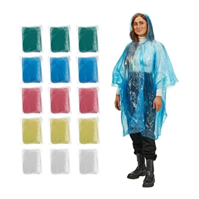 Image of Relaxdays Disposable Rain Poncho, Set of 15, Raincoat with Hood, 5 Colours, Unisex, Multicoloured, 120 x cm