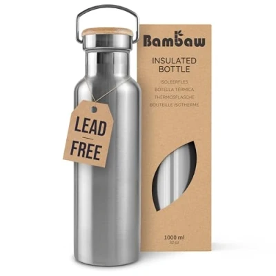 Image of Bambaw Insulated Water Bottle Stainless Steel 1l Travel Drinking Bottles for Adults 1 Litre Metal Thermos Large 1000 ml