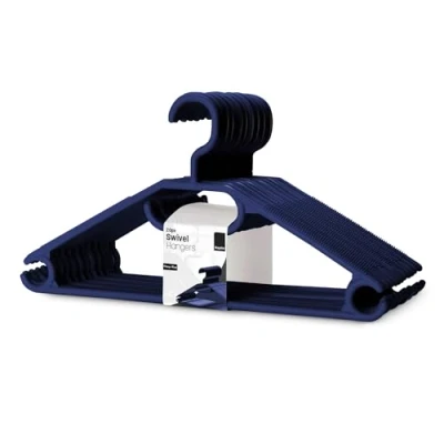 Image of KEPLIN Space Saving White Plastic Coat Hangers 20 Pack Heavy Duty Swivel Hook for Clothes, Coats, Dress, Shirt, Jacket, Trouser Non Slip With Rotating &amp; Tie Hanger Navy Blue