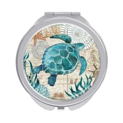 Image of Green Turtle Compact Mirror Round Pocket Makeup Double Sided Magnification Folding Portable Hand