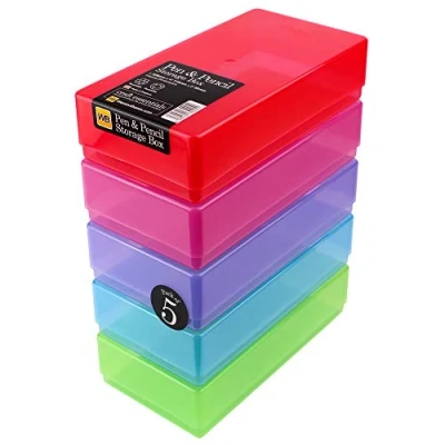 Image of WestonBoxes Plastic Storage Boxes with Lids for Pens, Pencils and Stationery 1.4 Litre Volume (Multicoloured/Transparent, Pack of 5)