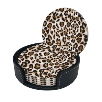 Image of Leopard Print Round Leather Coasters Set Of 6, Ultra Fiber Pu
