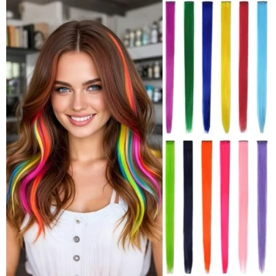 Image of 12 Pcs Colored Hair Extensions Clip 22 Inch Colorful Straight in for Kids Women Girls Party Highlights Accessories（ Set ）