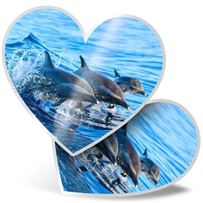 Image of 2 x Heart Stickers 15 cm Swimming Dolphins Ocean Sea Creature Fun Decals for Laptops,Tablets,Luggage,Scrap Booking,Fridges, #8434