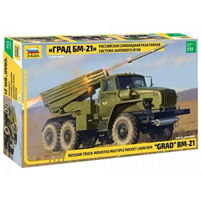 Image of Zvezda 500783655 Russian Truck Mounted Multiply Rocket Launcher Grad BM 21 1:35 Degree Plastic Model Assembly Kit for Beginners Detailed, Olive, 21.6 cm
