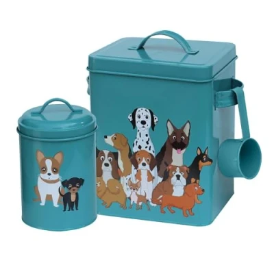 Image of simpa 3PC Metal Dog Food Storage Set featuring Quirky Pack Illustration: Tin, Treats Tin &amp; Serving Scoop Turquoise Green Finish.