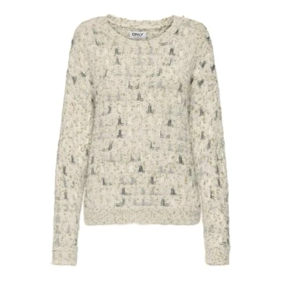 Image of ONLY Women&#039;s ONLSTELLA LS O Neck KNT Pullover Sweater, Birch/Detail:Blue/Gold Glitter, M