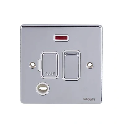 Image of Schneider Electric Ultimate Low Profile Switched Fused Connection Unit, with Flex Outlet and Neon Indicator, 13A, GU5514WPC, Polished Chrome White Insert