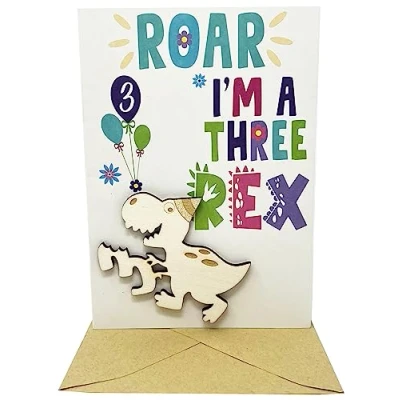 Image of 3 Rex Birthday Card for Year Olds with a wooden T (three) on the front Boys or Girls