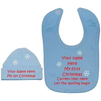 Image of Acce Products My First Christmas Personalised Name &amp; Year Baby Feeding Bib Beanie Hat 6 12 Months Blue