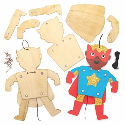 Image of Baker Ross AT898 Heroes Puppet Kits Pack of 4, Hero Wooden Craft for Kids Painting, Making and Decorating Arts Crafts Activities