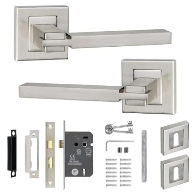 Image of Decoranddecor Alloy Door Lever Handle Set Black on Square Rose with Sash Lock and Keys (Brushed Chrome)
