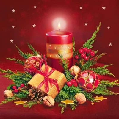 Image of 3 Ply Maki Xmas Decoupage Tissue Paper Napkins Decorative Christmas Serviettes 33cm x Pack of 20 (Red Candle Rich Composition)