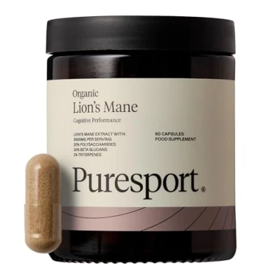 Image of Puresport Lion&#039;s Mane Supplement 60 Capsules Mushroom with 30% Polysaccharides for The Brain Focus, Energy and Memory