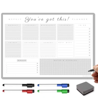 Image of TMS Magnetic Weekly Planner A3 Dry Wipe Whiteboard for Home, Office or Students with 4 Erase Pens and Eraser (Charcoal, YGT)