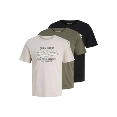 Image of JACK &amp; JONES Men&#039;s Jjethan Tee Ss Crew Neck 3Pk Mp Noos, Dusty Olive, L (Pack of 3)