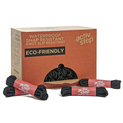 Image of Activ Step Box of 50 x Black 100% Recycled Non Wicking and Abrasion Resistant Laces 160cm For Standard Boots