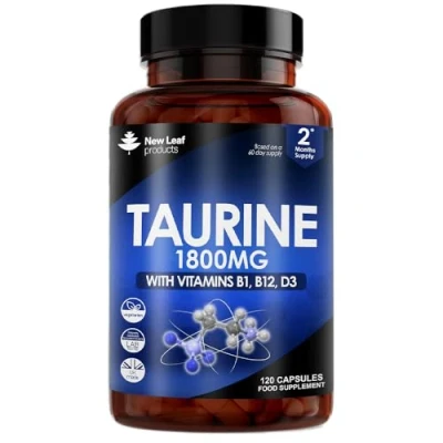 Image of Taurine Supplement High Strength 1800mg Capsules Enriched with Vitamins B1, B12 &amp; Vitamin D3 120 Amino Acids Vegetarian Made in The UK by New Leaf