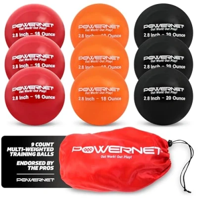 Image of PowerNet 2.8&quot; 9 Pack Weighted Progressive Training Balls for Hitting Batting, Build Strength &amp; Muscle, Improve Technique, Baseball Size, Equipment Throwing (16, 18, 20 oz)