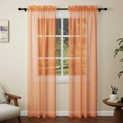 Image of Pacok Orange Voile Curtains, 90 Drop 2 Panels Net Curtain for Windows, Rod Pocket Sheer Panel Curtains Living Room Kitcken Bedroom W56xL90 Inch(Orange, 142 x 228cm)